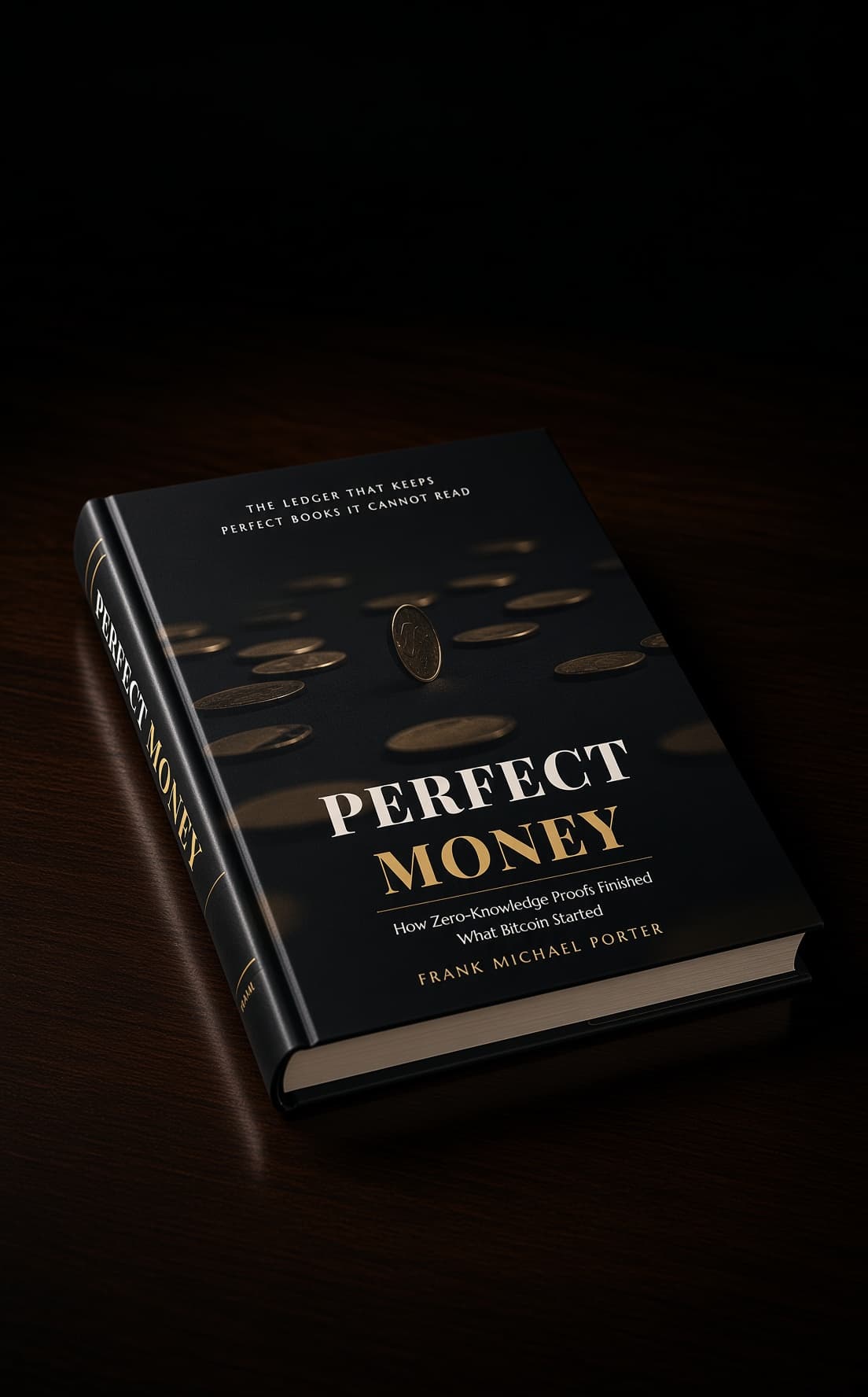 Perfect Money, by Frank Michael Porter, resting on a dark wood table